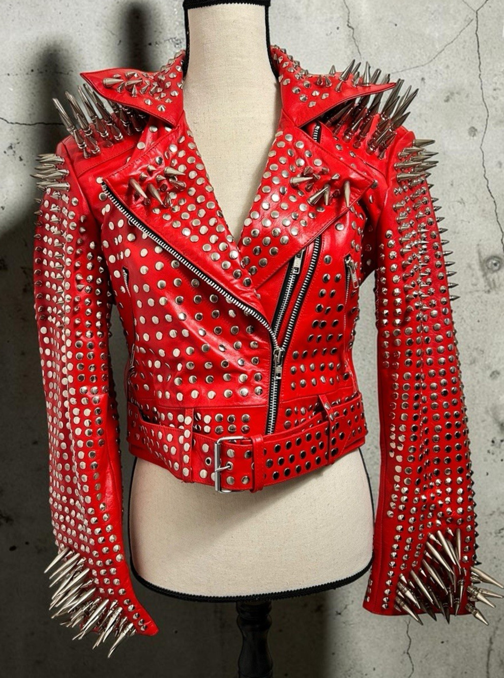 Women's Red Spiked Leather Moto Jacket Sz Large Punk Rock Handmade Heavy Studded
